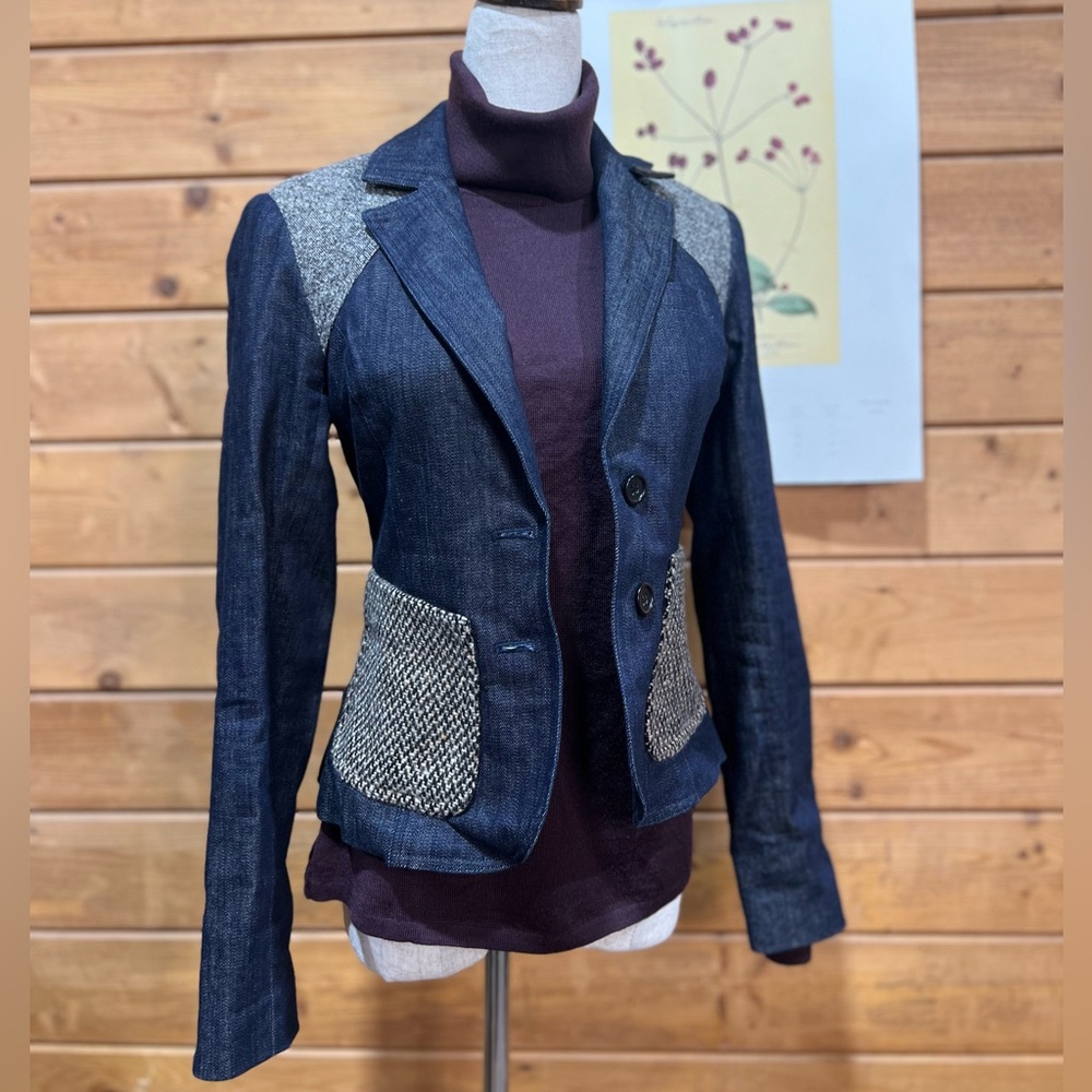 Elizabeth and James Mixed-Media Tweed Denim Blazer Jacket Lamb Leather Size 2